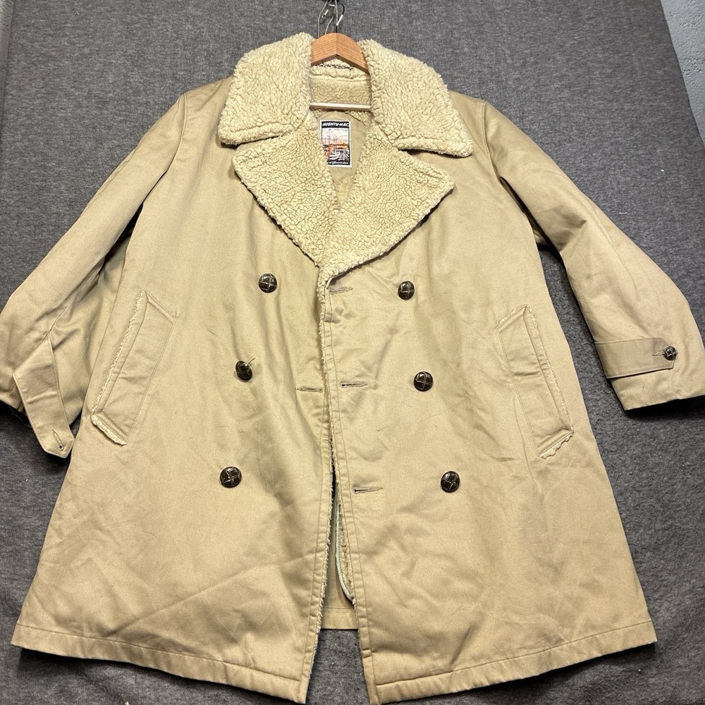Vintage Mighty Mac‎ Pea Coat Mens XL Tan Vintage Sherpa Lined USA Retro 70s